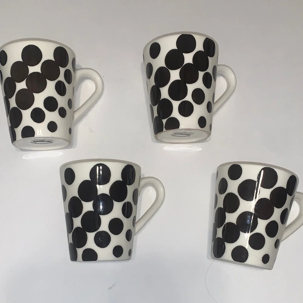Pier 1 Kate Cream and Black Dotted/ Polka Dot Earthenware Ceramic Set Of Mugs